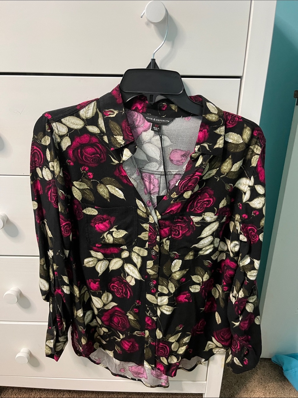 Rock & Republic Black Button-Up Blouse with Fuchsia Rose Print